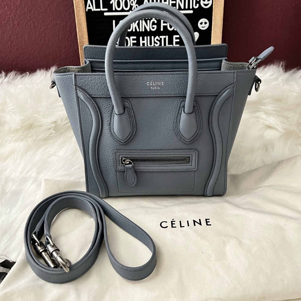 CELINE NANO LUGGAGE BAG IN BABY DRUMMED CALFSKIN- KOHL/SILVER HARDWARE